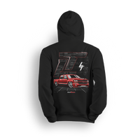 Hoodie featuring a slammed K2 Chevy Silverado crew cab with a clean red finish, aggressive stance, and oversized LT branding. Set in a sharp grayscale layout with subtle reflections, the K2 Slammed hoodie delivers pure street style for clean build enthusiasts.