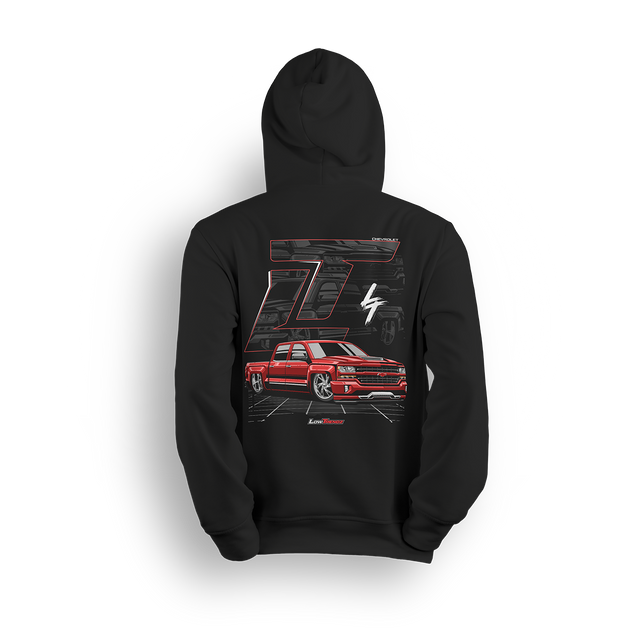 Hoodie featuring a slammed K2 Chevy Silverado crew cab with a clean red finish, aggressive stance, and oversized LT branding. Set in a sharp grayscale layout with subtle reflections, the K2 Slammed hoodie delivers pure street style for clean build enthusiasts.