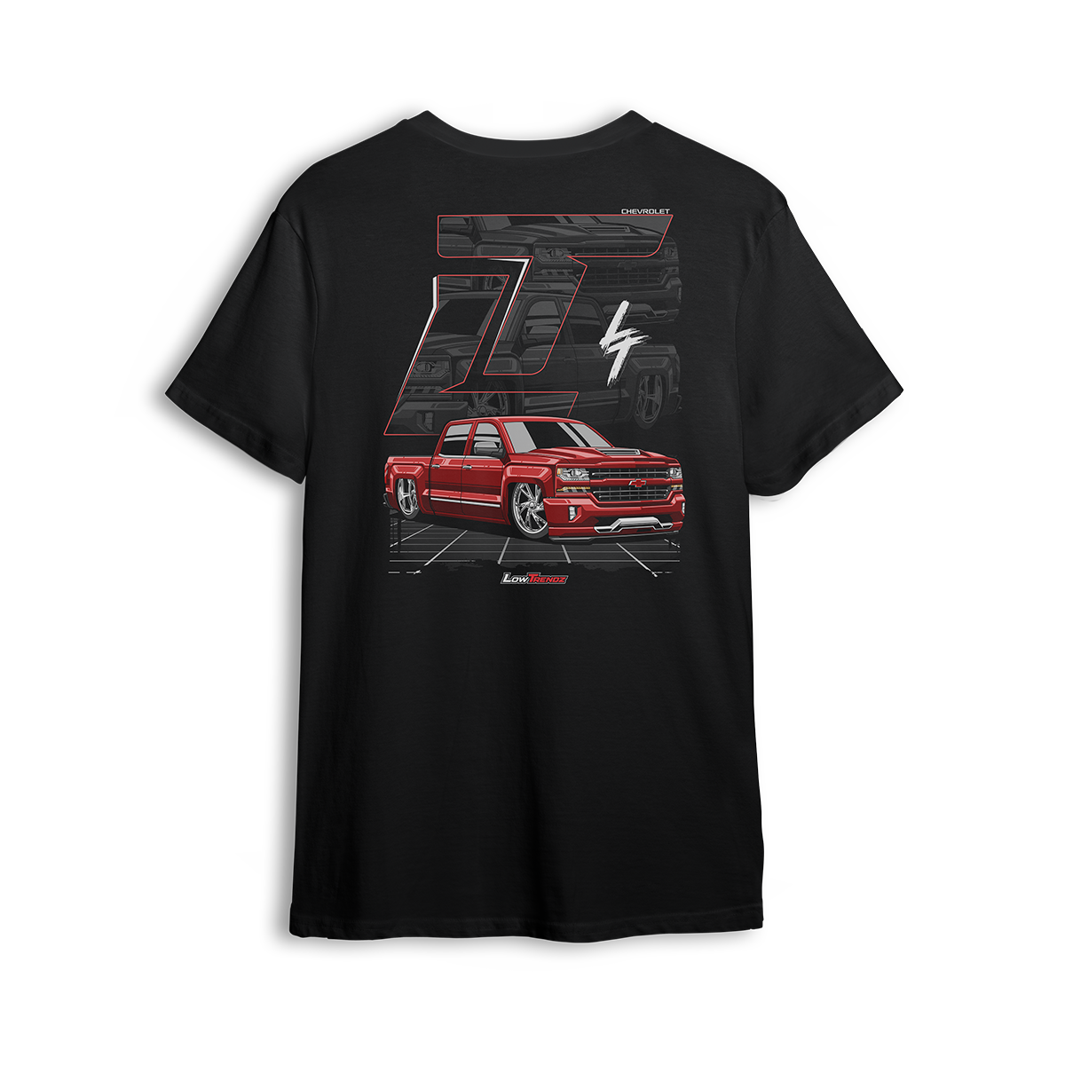 T-shirt featuring a slammed K2 Chevy Silverado crew cab with a clean red finish, aggressive stance, and oversized LT branding. Set in a sharp grayscale layout with subtle reflections, the K2 Slammed t-shirt delivers pure street style for clean build enthusiasts.