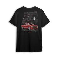 T-shirt featuring a slammed K2 Chevy Silverado crew cab with a clean red finish, aggressive stance, and oversized LT branding. Set in a sharp grayscale layout with subtle reflections, the K2 Slammed t-shirt delivers pure street style for clean build enthusiasts.