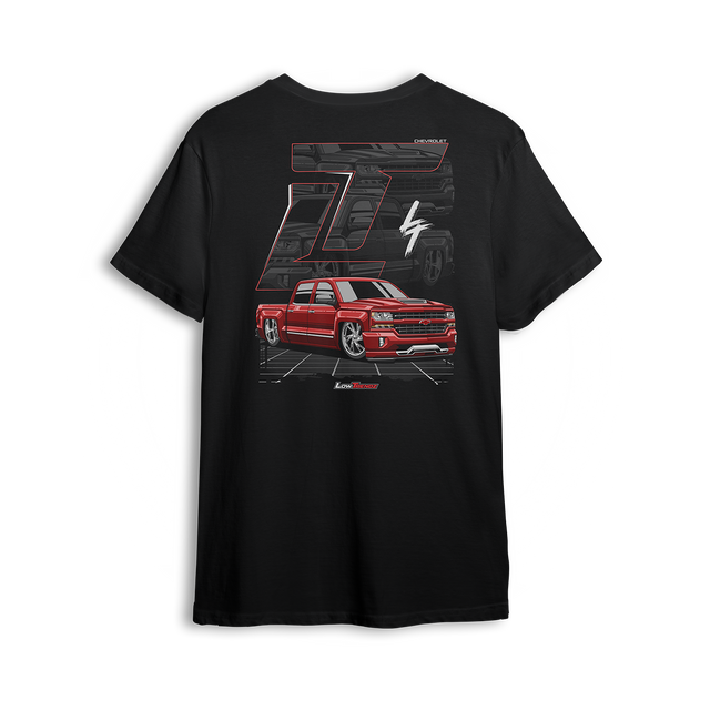 T-shirt featuring a slammed K2 Chevy Silverado crew cab with a clean red finish, aggressive stance, and oversized LT branding. Set in a sharp grayscale layout with subtle reflections, the K2 Slammed t-shirt delivers pure street style for clean build enthusiasts.