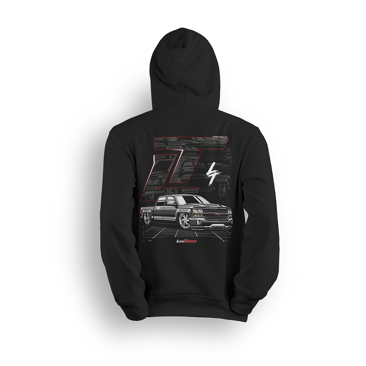 Hoodie featuring a slammed K2 Chevy Silverado crew cab with a clean black finish, aggressive stance, and oversized LT branding. Set in a sharp grayscale layout with subtle reflections, the K2 Slammed hoodie delivers pure street style for clean build enthusiasts.