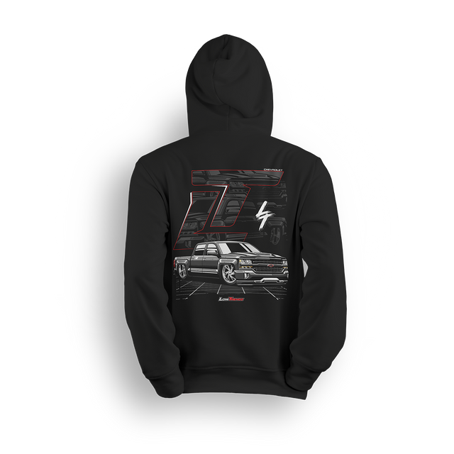 Hoodie featuring a slammed K2 Chevy Silverado crew cab with a clean black finish, aggressive stance, and oversized LT branding. Set in a sharp grayscale layout with subtle reflections, the K2 Slammed hoodie delivers pure street style for clean build enthusiasts.