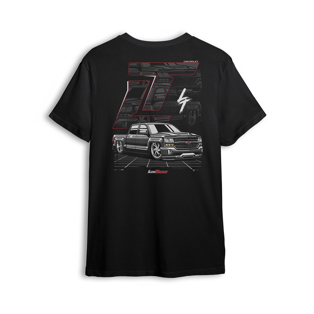 T-shirt featuring a slammed K2 Chevy Silverado crew cab with a clean black finish, aggressive stance, and oversized LT branding. Set in a sharp grayscale layout with subtle reflections, the K2 Slammed t-shirt delivers pure street style for clean build enthusiasts.