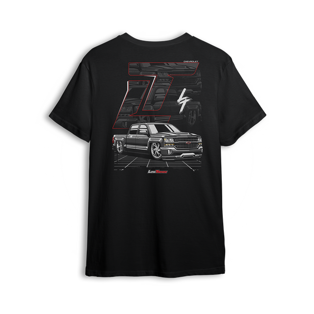 T-shirt featuring a slammed K2 Chevy Silverado crew cab with a clean black finish, aggressive stance, and oversized LT branding. Set in a sharp grayscale layout with subtle reflections, the K2 Slammed t-shirt delivers pure street style for clean build enthusiasts.
