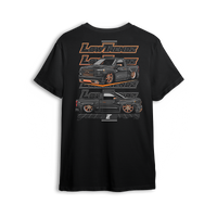 T-shirt featuring Tony Galnares’ 2019 Chevy Silverado SWB, blacked out and body-dropped on custom copper 28s. SEMA-level detail and street-ready stance make the Built Different t-shirt a bold tribute to one of the scene’s most iconic builds.