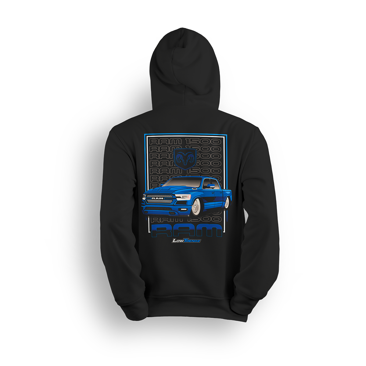 Hoodie featuring a slammed blue RAM truck with bold graphics and the signature Low Trendz styling. The Blue Heat Ram hoodie is built for street-driven truck fans who bring heat and roll different.