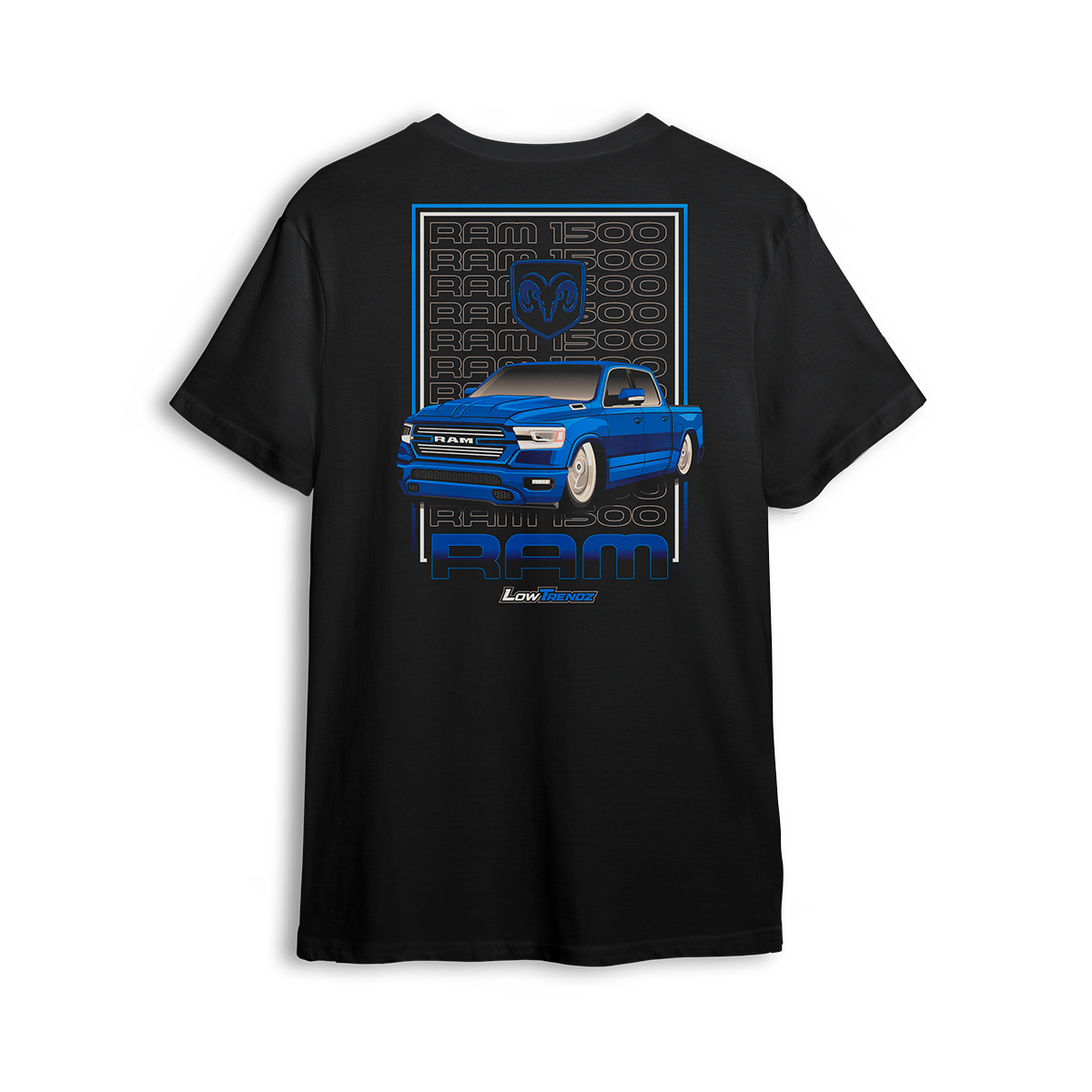 T-shirt featuring a slammed blue RAM truck with bold graphics and the signature Low Trendz styling. The Blue Heat Ram t-shirt is built for street-driven truck fans who bring heat and roll different.
