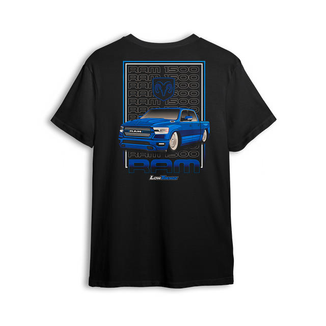 T-shirt featuring a slammed blue RAM truck with bold graphics and the signature Low Trendz styling. The Blue Heat Ram t-shirt is built for street-driven truck fans who bring heat and roll different.