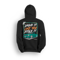 Hoodie featuring a slammed teal Chevy Silverado with a bold street stance and retro-style typography reading “Drive It Like You Stole It.” Set on a premium black hoodie with vibrant colors, this design captures loud custom energy and lead foot attitude.