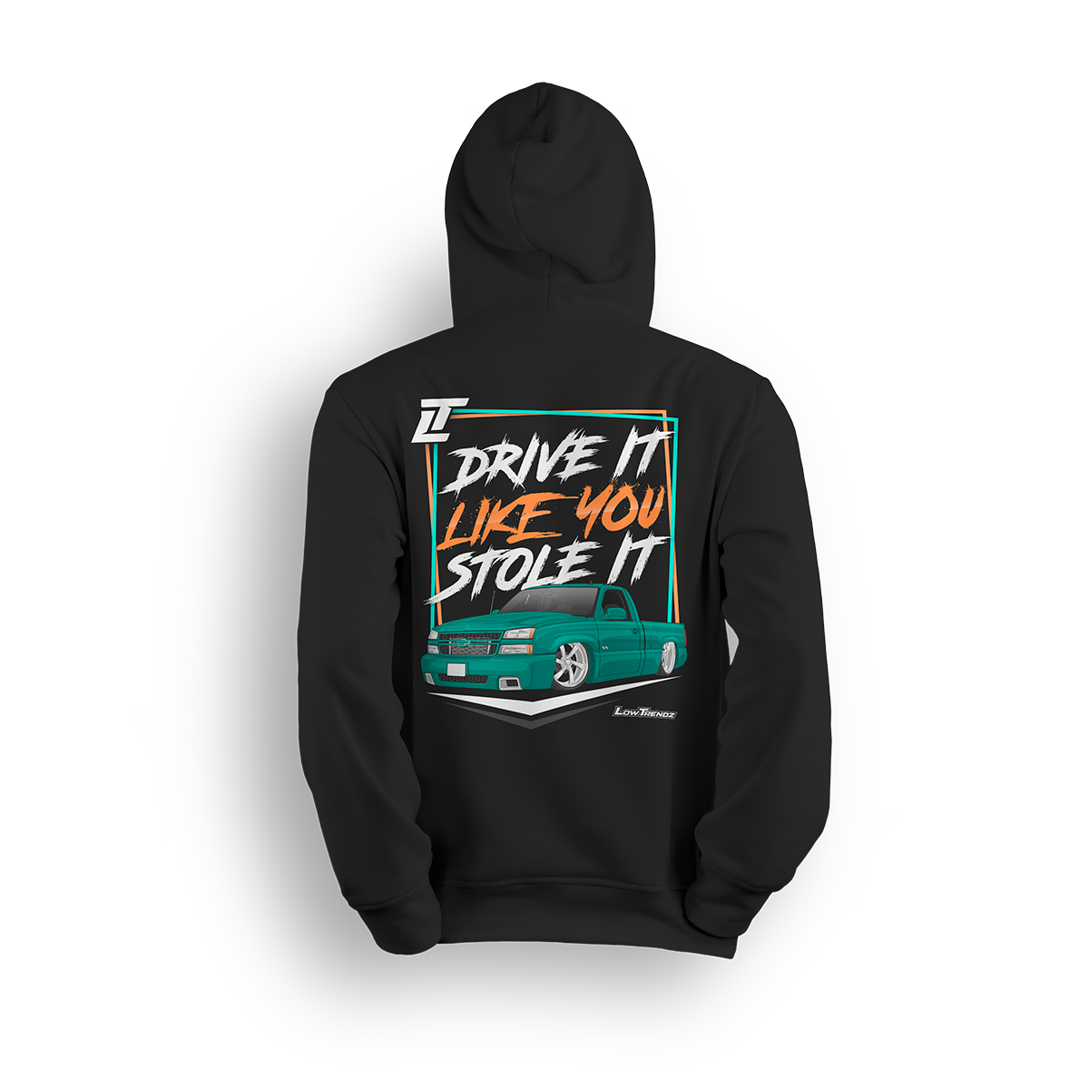 Hoodie featuring a slammed teal Chevy Silverado with a bold street stance and retro-style typography reading “Drive It Like You Stole It.” Set on a premium black hoodie with vibrant colors, this design captures loud custom energy and lead foot attitude.