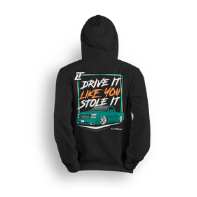Hoodie featuring a slammed teal Chevy Silverado with a bold street stance and retro-style typography reading “Drive It Like You Stole It.” Set on a premium black hoodie with vibrant colors, this design captures loud custom energy and lead foot attitude.