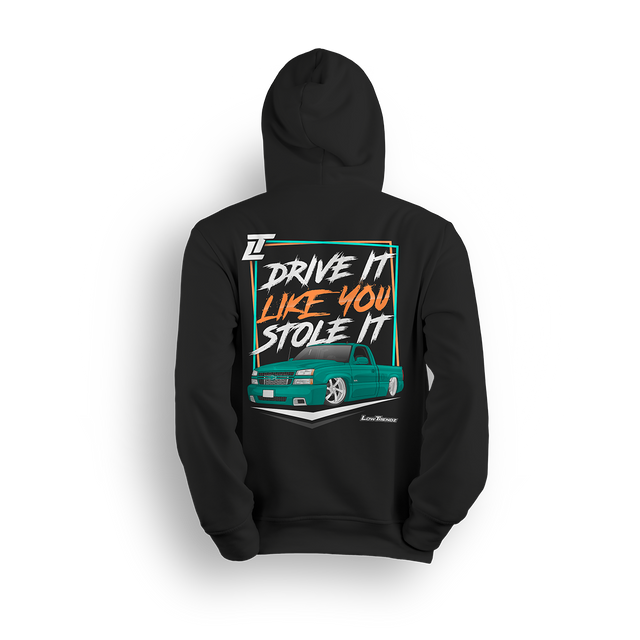Hoodie featuring a slammed teal Chevy Silverado with a bold street stance and retro-style typography reading “Drive It Like You Stole It.” Set on a premium black hoodie with vibrant colors, this design captures loud custom energy and lead foot attitude.