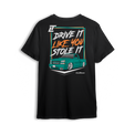 T-shirt featuring a slammed teal Chevy Silverado with a bold street stance and retro-style typography reading “Drive It Like You Stole It.” Set on a premium black tee with vibrant colors, this t-shirt captures loud custom energy and lead foot attitude.