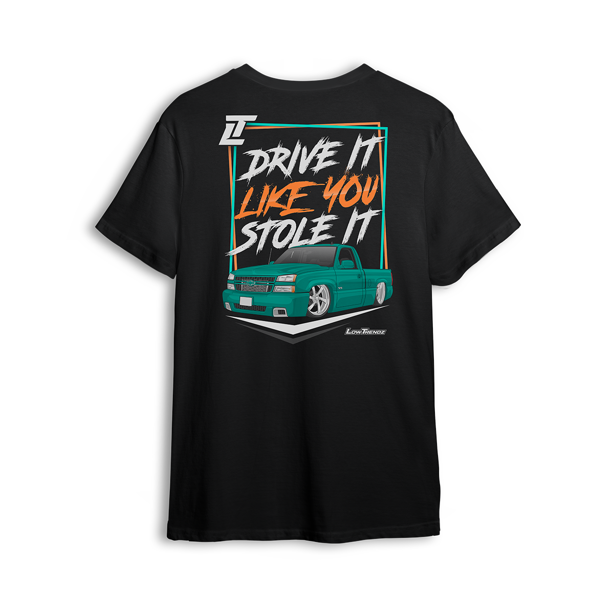 T-shirt featuring a slammed teal Chevy Silverado with a bold street stance and retro-style typography reading “Drive It Like You Stole It.” Set on a premium black tee with vibrant colors, this t-shirt captures loud custom energy and lead foot attitude.