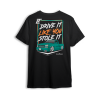T-shirt featuring a slammed teal Chevy Silverado with a bold street stance and retro-style typography reading “Drive It Like You Stole It.” Set on a premium black tee with vibrant colors, this t-shirt captures loud custom energy and lead foot attitude.
