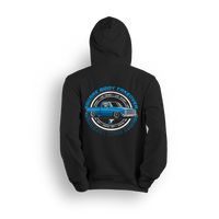 Hoodie featuring a blue slammed squarebody Chevy C10 with polished wheels and a clean low stance, finished with a circular Squarebody Takeover stamp and LT branding. This hoodie honors timeless style and true C10 scene royalty.