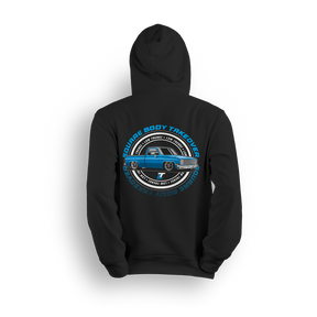 Hoodie featuring a blue slammed squarebody Chevy C10 with polished wheels and a clean low stance, finished with a circular Squarebody Takeover stamp and LT branding. This hoodie honors timeless style and true C10 scene royalty.