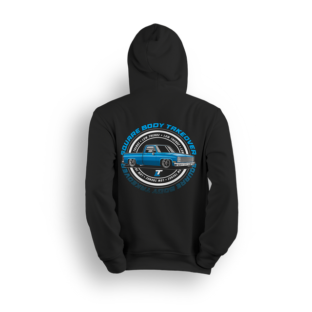 Hoodie featuring a blue slammed squarebody Chevy C10 with polished wheels and a clean low stance, finished with a circular Squarebody Takeover stamp and LT branding. This hoodie honors timeless style and true C10 scene royalty.