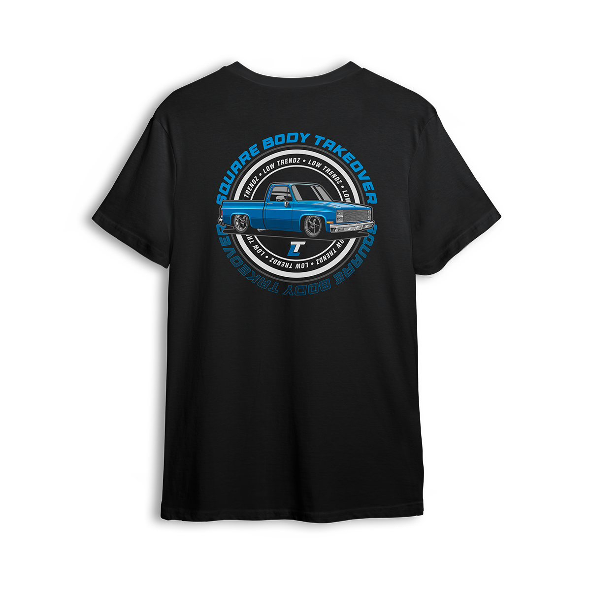 T-shirt featuring a blue slammed squarebody Chevy C10 with polished wheels and a clean low stance, finished with a circular Squarebody Takeover stamp and LT branding. This t-shirt honors timeless style and true C10 scene royalty.