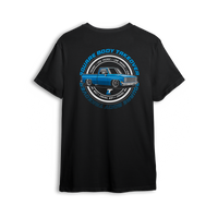 T-shirt featuring a blue slammed squarebody Chevy C10 with polished wheels and a clean low stance, finished with a circular Squarebody Takeover stamp and LT branding. This t-shirt honors timeless style and true C10 scene royalty.