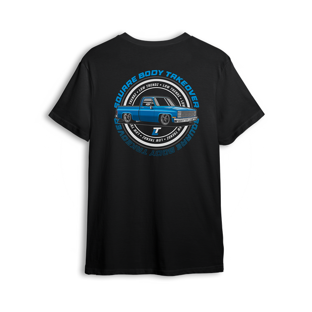 T-shirt featuring a blue slammed squarebody Chevy C10 with polished wheels and a clean low stance, finished with a circular Squarebody Takeover stamp and LT branding. This t-shirt honors timeless style and true C10 scene royalty.