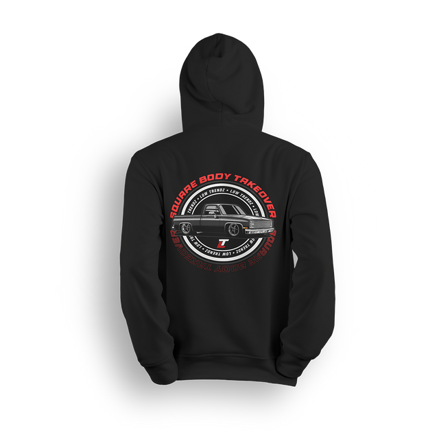 Hoodie featuring a black slammed squarebody Chevy C10 with polished wheels and a clean low stance, finished with a circular Squarebody Takeover stamp and LT branding. This hoodie honors timeless style and true C10 scene royalty.