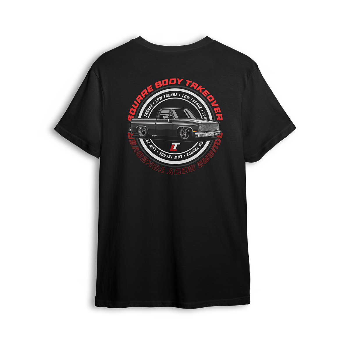 T-shirt featuring a slammed black squarebody Chevy C10 with polished wheels and a clean low stance, finished with a circular Squarebody Takeover stamp and LT branding. This t-shirt honors timeless style and true C10 scene royalty.