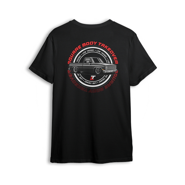 T-shirt featuring a slammed black squarebody Chevy C10 with polished wheels and a clean low stance, finished with a circular Squarebody Takeover stamp and LT branding. This t-shirt honors timeless style and true C10 scene royalty.