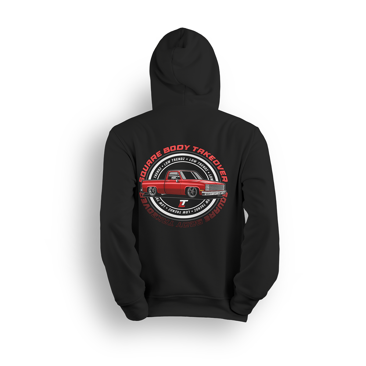Hoodie featuring a red slammed squarebody Chevy C10 with polished wheels and a clean low stance, finished with a circular Squarebody Takeover stamp and LT branding. This hoodie honors timeless style and true C10 scene royalty.