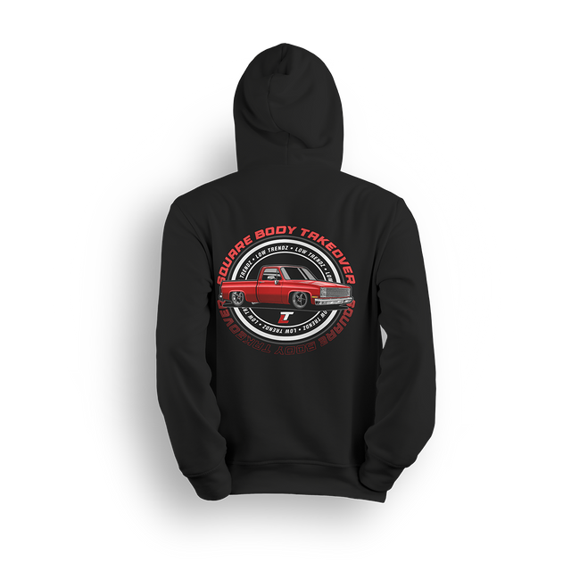 Hoodie featuring a red slammed squarebody Chevy C10 with polished wheels and a clean low stance, finished with a circular Squarebody Takeover stamp and LT branding. This hoodie honors timeless style and true C10 scene royalty.