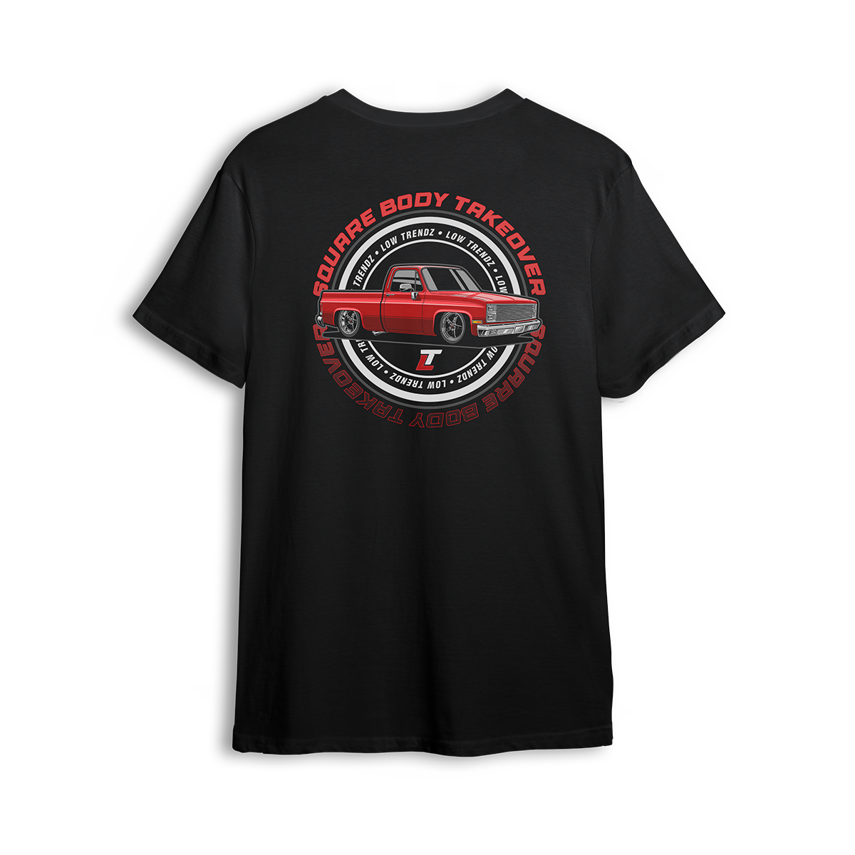 T-shirt featuring a slammed red squarebody Chevy C10 with polished wheels and a clean low stance, finished with a circular Squarebody Takeover stamp and LT branding. This t-shirt honors timeless style and true C10 scene royalty.