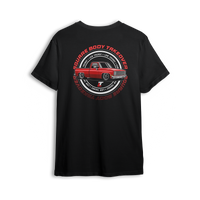 T-shirt featuring a slammed red squarebody Chevy C10 with polished wheels and a clean low stance, finished with a circular Squarebody Takeover stamp and LT branding. This t-shirt honors timeless style and true C10 scene royalty.