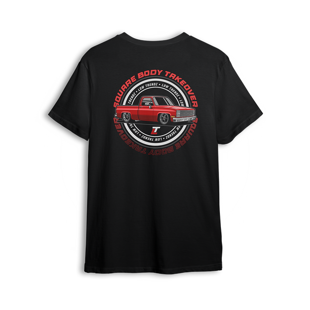 T-shirt featuring a slammed red squarebody Chevy C10 with polished wheels and a clean low stance, finished with a circular Squarebody Takeover stamp and LT branding. This t-shirt honors timeless style and true C10 scene royalty.