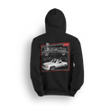 Hoodie featuring two slammed OBS Chevy trucks side by side one black at the pump and one white ready to roll. Framed in red and full of street style, the Double Trouble hoodie brings bold energy for true custom truck fans.