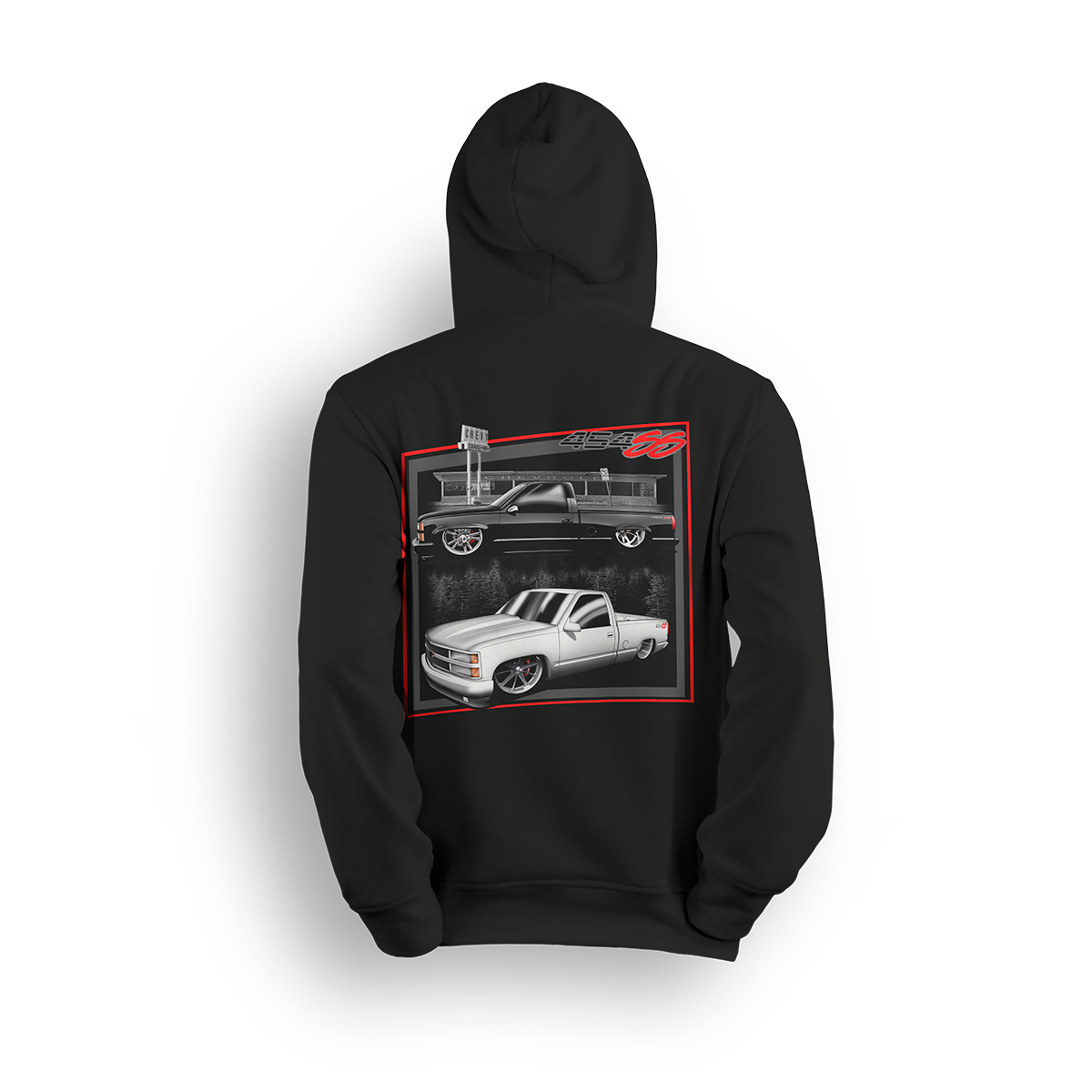 Hoodie featuring two slammed OBS Chevy trucks side by side one black at the pump and one white ready to roll. Framed in red and full of street style, the Double Trouble hoodie brings bold energy for true custom truck fans.
