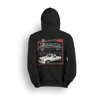 Hoodie featuring two slammed OBS Chevy trucks side by side one black at the pump and one white ready to roll. Framed in red and full of street style, the Double Trouble hoodie brings bold energy for true custom truck fans.