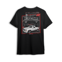 T-shirt featuring two slammed OBS Chevy trucks side by side one black at the pump and one white ready to roll. Framed in red and full of street style, the Double Trouble t-shirt brings bold energy for true custom truck fans.