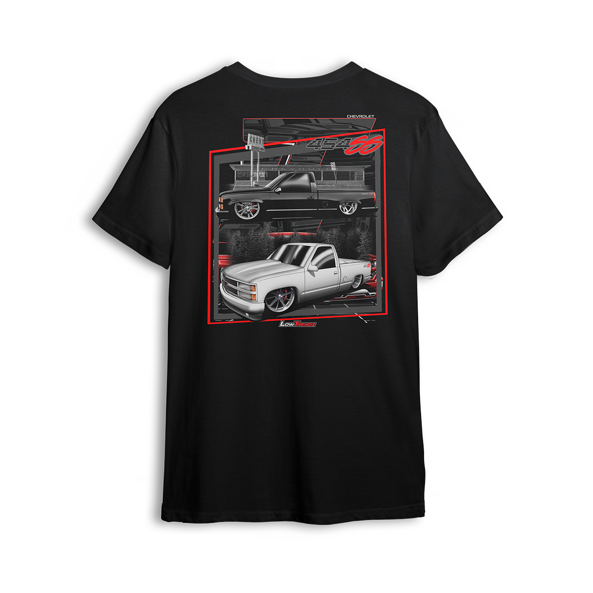 T-shirt featuring two slammed OBS Chevy trucks side by side one black at the pump and one white ready to roll. Framed in red and full of street style, the Double Trouble t-shirt brings bold energy for true custom truck fans.