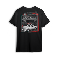 T-shirt featuring two slammed OBS Chevy trucks side by side one black at the pump and one white ready to roll. Framed in red and full of street style, the Double Trouble t-shirt brings bold energy for true custom truck fans.