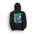 Hoodie featuring a bright azul and white slammed Chevy C10 shown from multiple angles, stacked front to back. With custom wheels, iconic tailgate, and bold front clip, the C10 Azul hoodie celebrates old-school style and detailed craftsmanship.