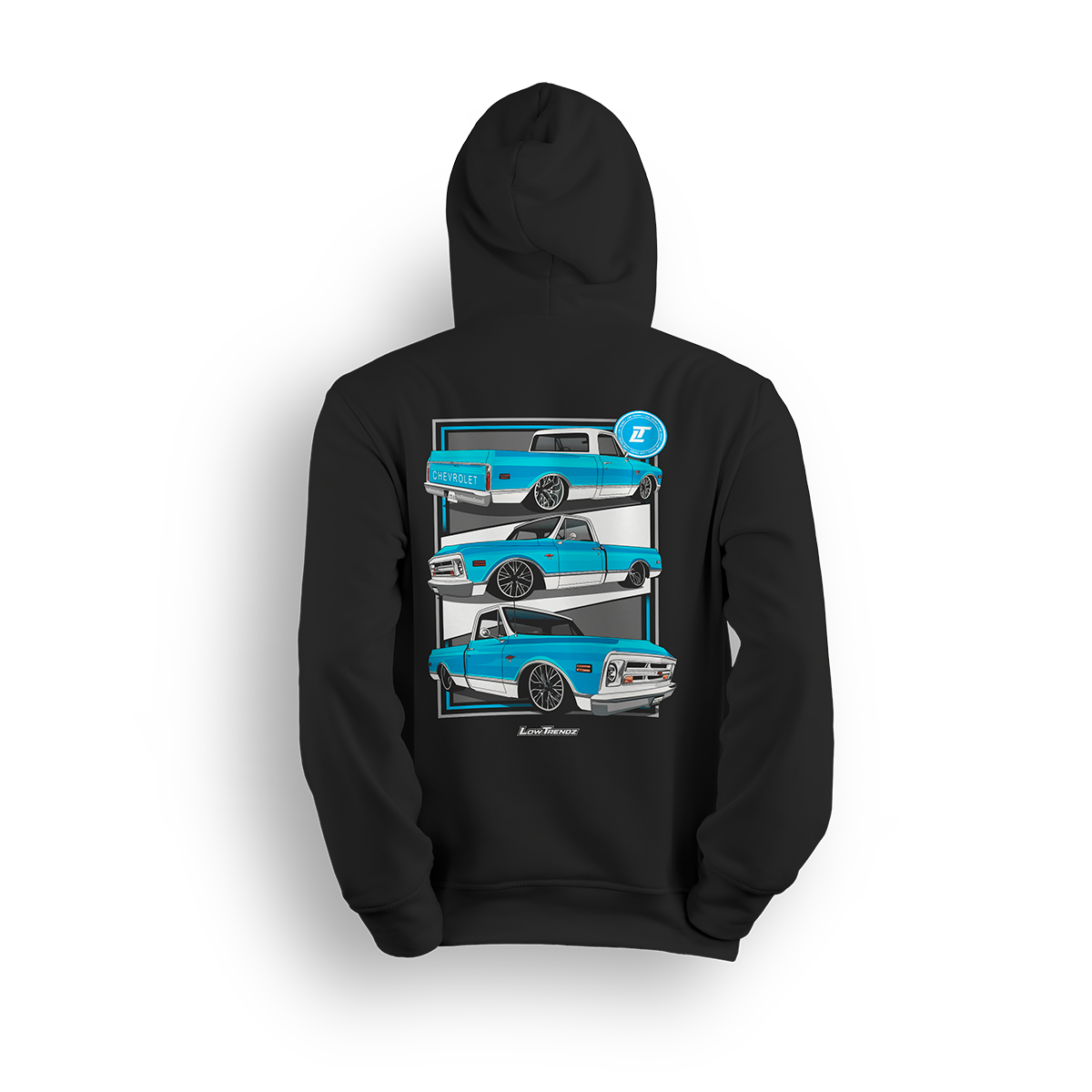 Hoodie featuring a bright azul and white slammed Chevy C10 shown from multiple angles, stacked front to back. With custom wheels, iconic tailgate, and bold front clip, the C10 Azul hoodie celebrates old-school style and detailed craftsmanship.