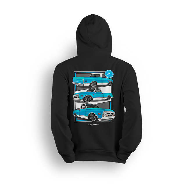 Hoodie featuring a bright azul and white slammed Chevy C10 shown from multiple angles, stacked front to back. With custom wheels, iconic tailgate, and bold front clip, the C10 Azul hoodie celebrates old-school style and detailed craftsmanship.