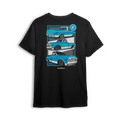 T-shirt featuring a bright azul and white slammed Chevy C10 shown from multiple angles, stacked front to back. With custom wheels, iconic tailgate, and bold front clip, the C10 Azul t-shirt celebrates old-school style and detailed craftsmanship.
