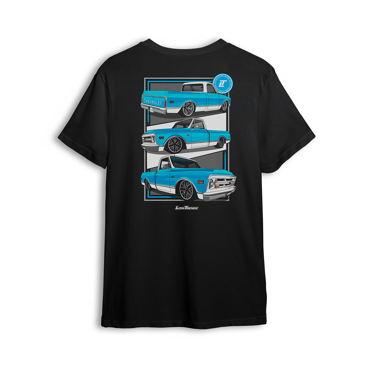 T-shirt featuring a bright azul and white slammed Chevy C10 shown from multiple angles, stacked front to back. With custom wheels, iconic tailgate, and bold front clip, the C10 Azul t-shirt celebrates old-school style and detailed craftsmanship.