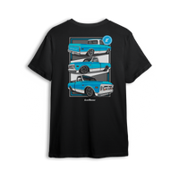 T-shirt featuring a bright azul and white slammed Chevy C10 shown from multiple angles, stacked front to back. With custom wheels, iconic tailgate, and bold front clip, the C10 Azul t-shirt celebrates old-school style and detailed craftsmanship.