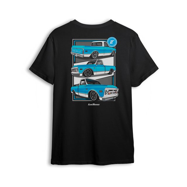 T-shirt featuring a bright azul and white slammed Chevy C10 shown from multiple angles, stacked front to back. With custom wheels, iconic tailgate, and bold front clip, the C10 Azul t-shirt celebrates old-school style and detailed craftsmanship.