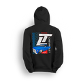 Hoodie featuring a slammed blue Chevy C10 set against a vertical C10 repeat graphic with oversized LT branding. With red, white, and blue accents, the C10 Legacy hoodie blends throwback style and modern energy for true custom truck fans.