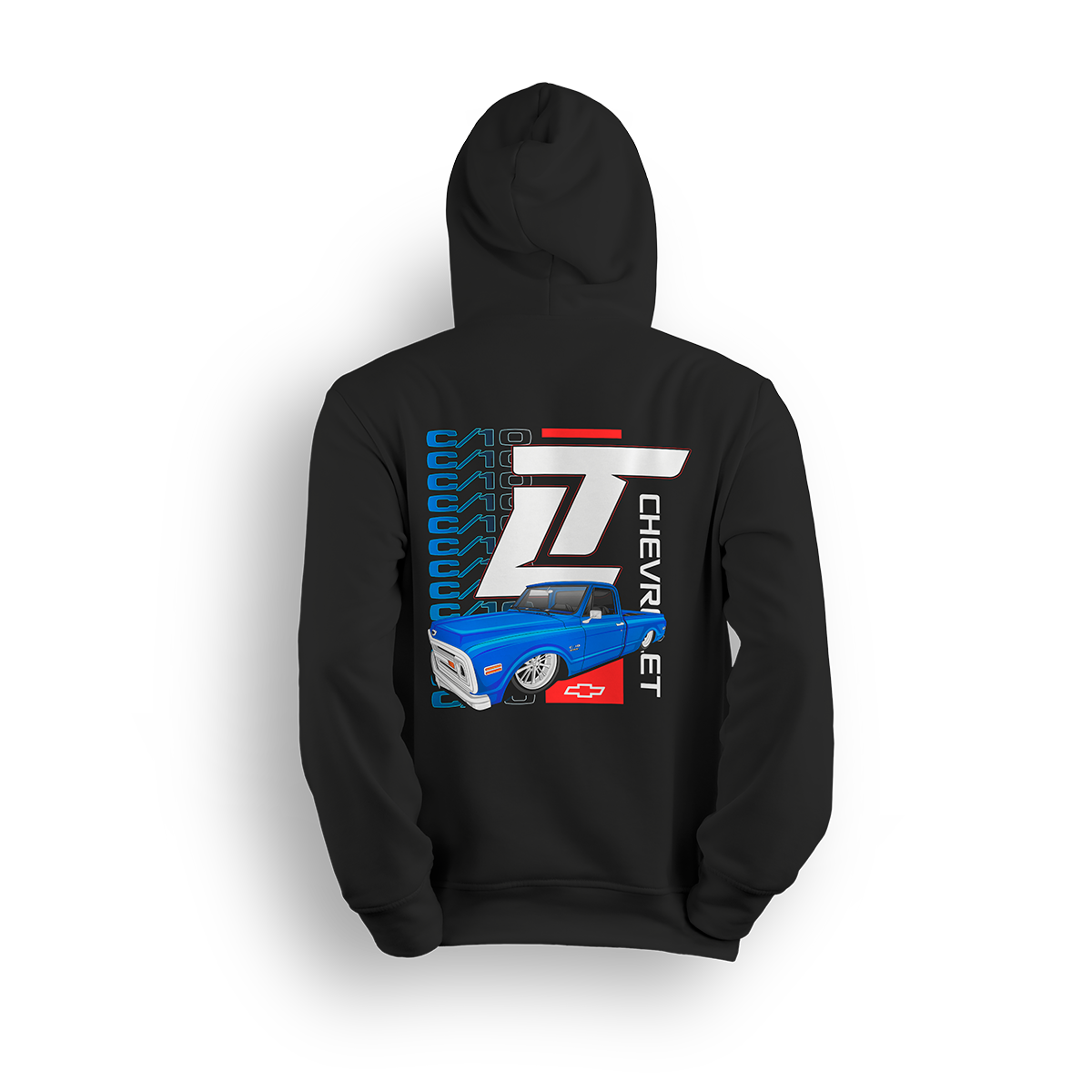 Hoodie featuring a slammed blue Chevy C10 set against a vertical C10 repeat graphic with oversized LT branding. With red, white, and blue accents, the C10 Legacy hoodie blends throwback style and modern energy for true custom truck fans.