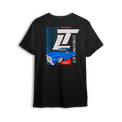 T-shirt featuring a slammed blue Chevy C10 set against a vertical C10 repeat graphic with oversized LT branding. With red, white, and blue accents, the C10 Legacy t-shirt blends throwback style and modern energy for true custom truck fans.